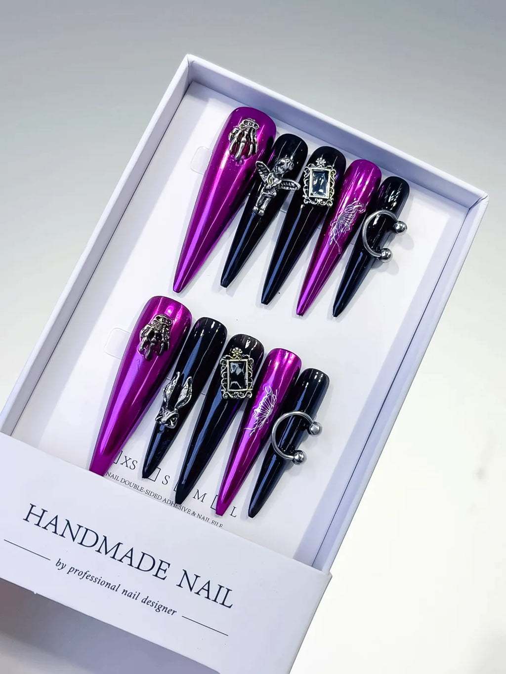 Pink Black Silver Metallic Dragonfly Frame Charm Piercing press on nails