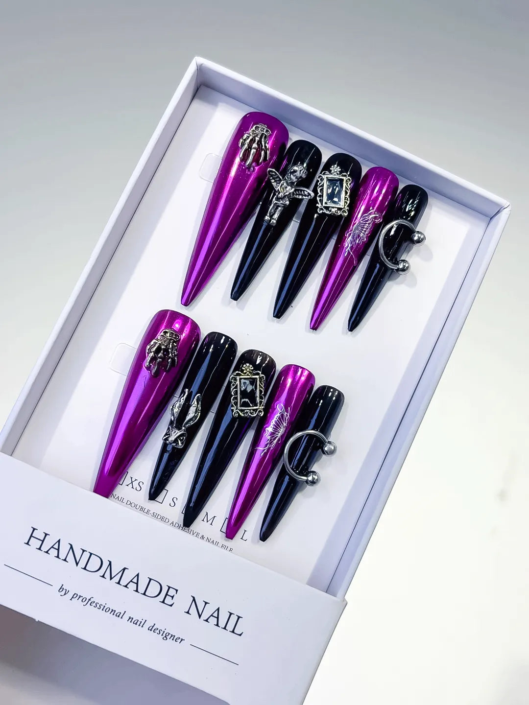 Pink Black Silver Metallic Dragonfly Frame Charm Piercing press on nails