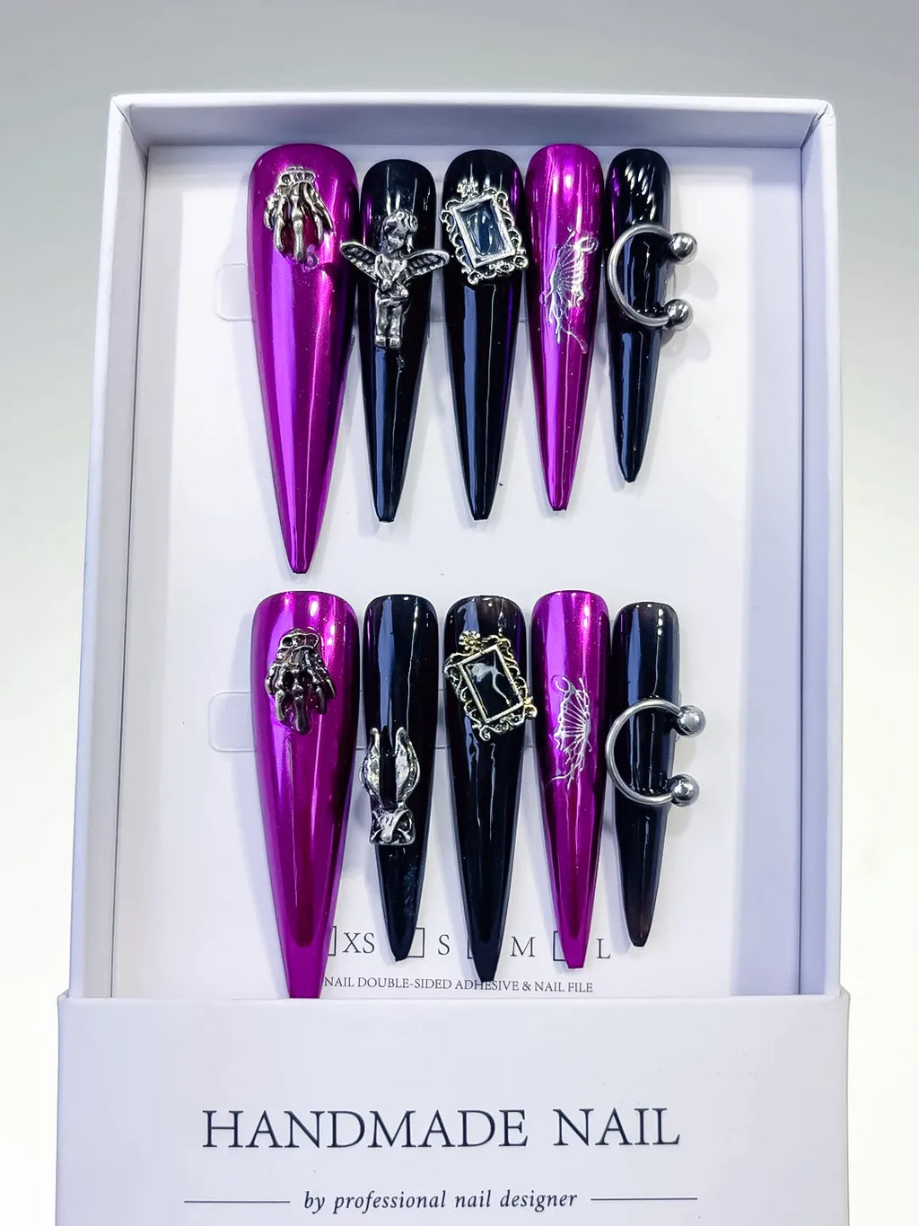 Pink Black Silver Metallic Dragonfly Frame Charm Piercing press on nails full set view
