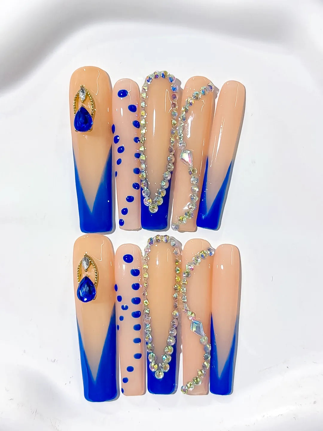 Nude Blue Gold Silver French tip Rhinestone press on nails close up