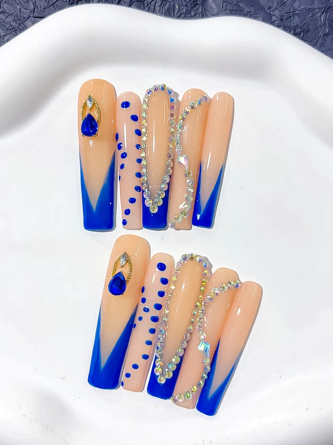 Nude Blue Gold Silver French tip Rhinestone press on nails detail view