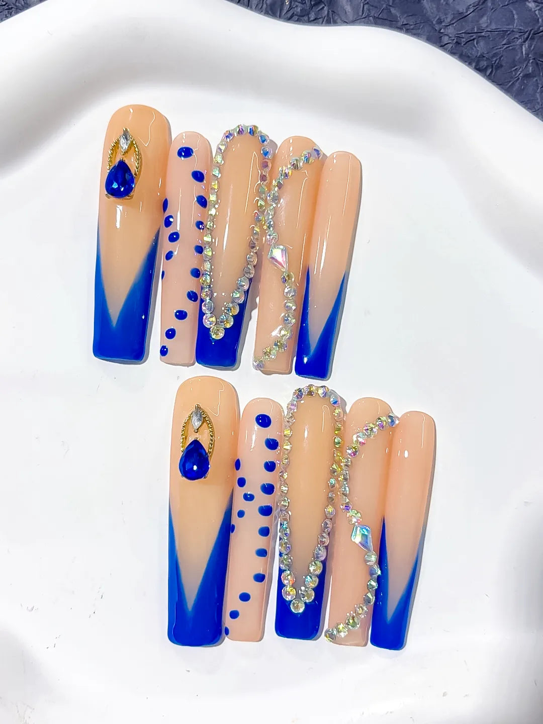 Nude Blue Gold Silver French tip Rhinestone press on nails detail view