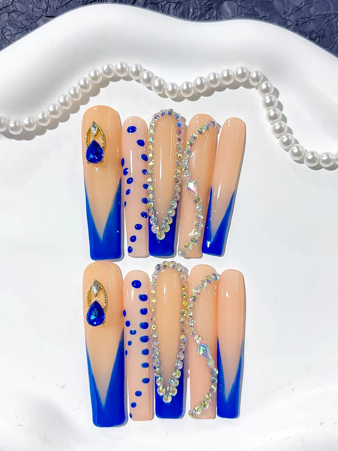 Nude Blue Gold Silver French tip Rhinestone press on nails detail view