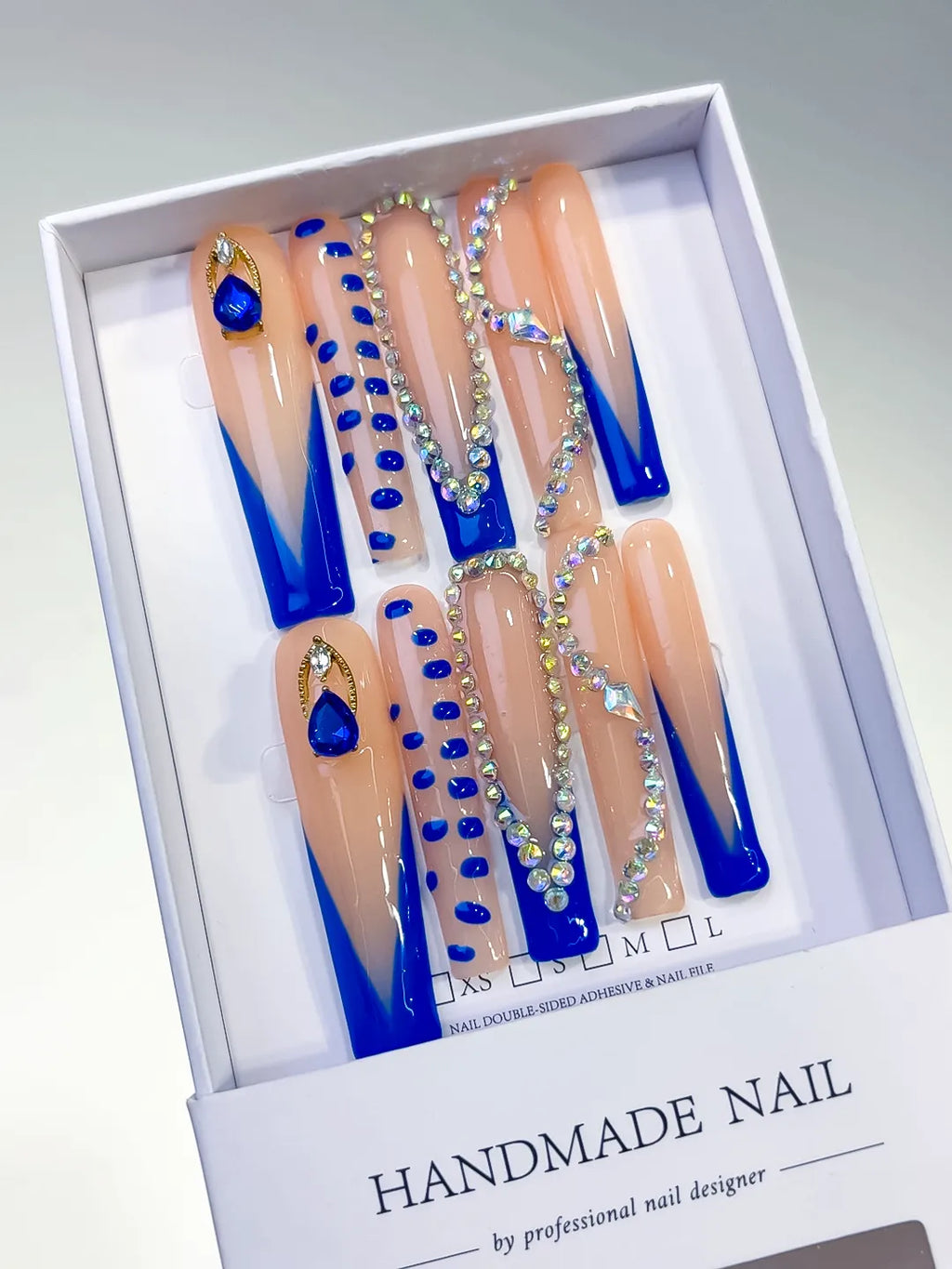 Nude Blue Gold Silver French tip Rhinestone press on nails angled view