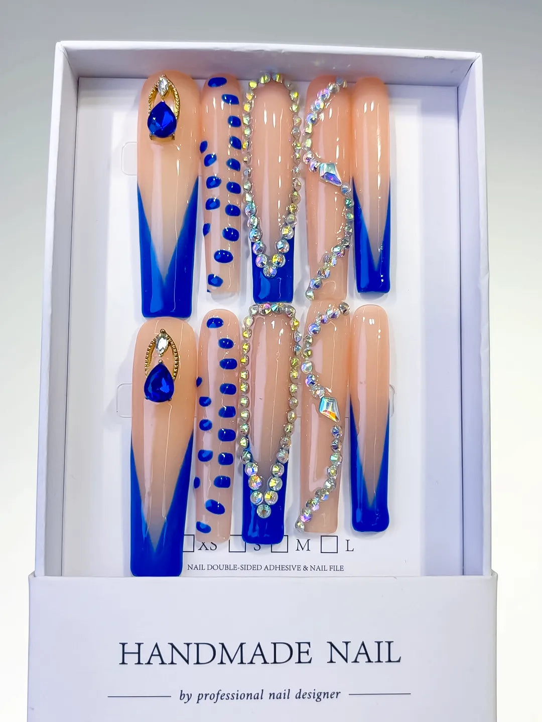 Nude Blue Gold Silver French tip Rhinestone press on nails full set view