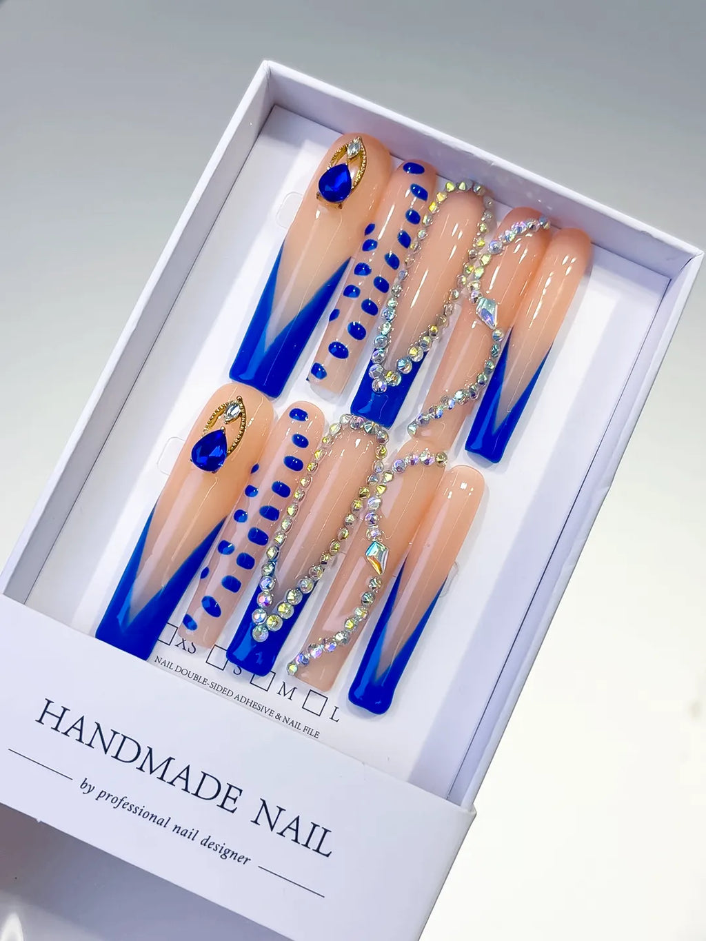 Nude Blue Gold Silver French tip Rhinestone press on nails
