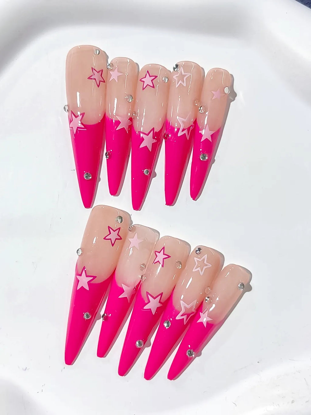 Nude Pink Silver French tip Rhinestone press on nails close up