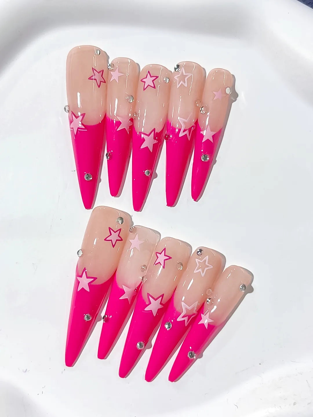 Nude Pink Silver French tip Rhinestone press on nails close up
