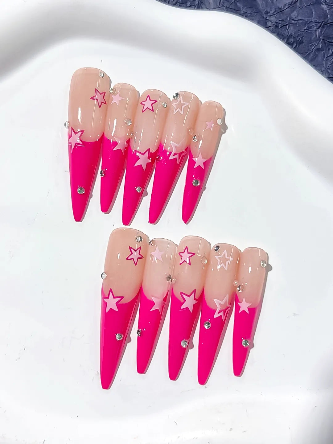 Nude Pink Silver French tip Rhinestone press on nails detail view