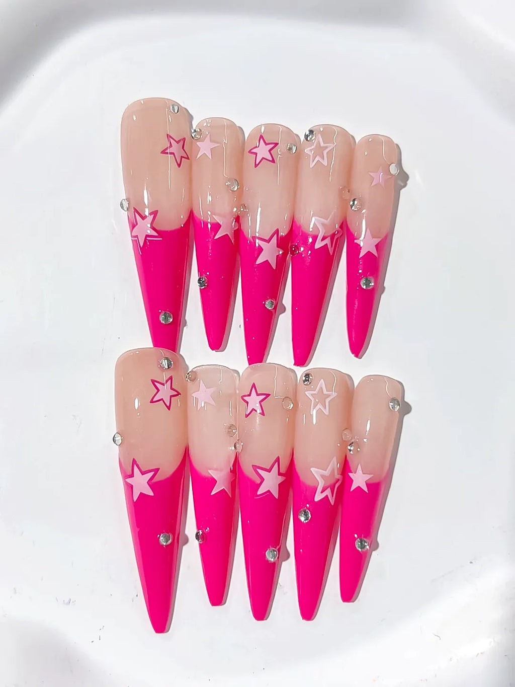 Nude Pink Silver French tip Rhinestone press on nails detail view