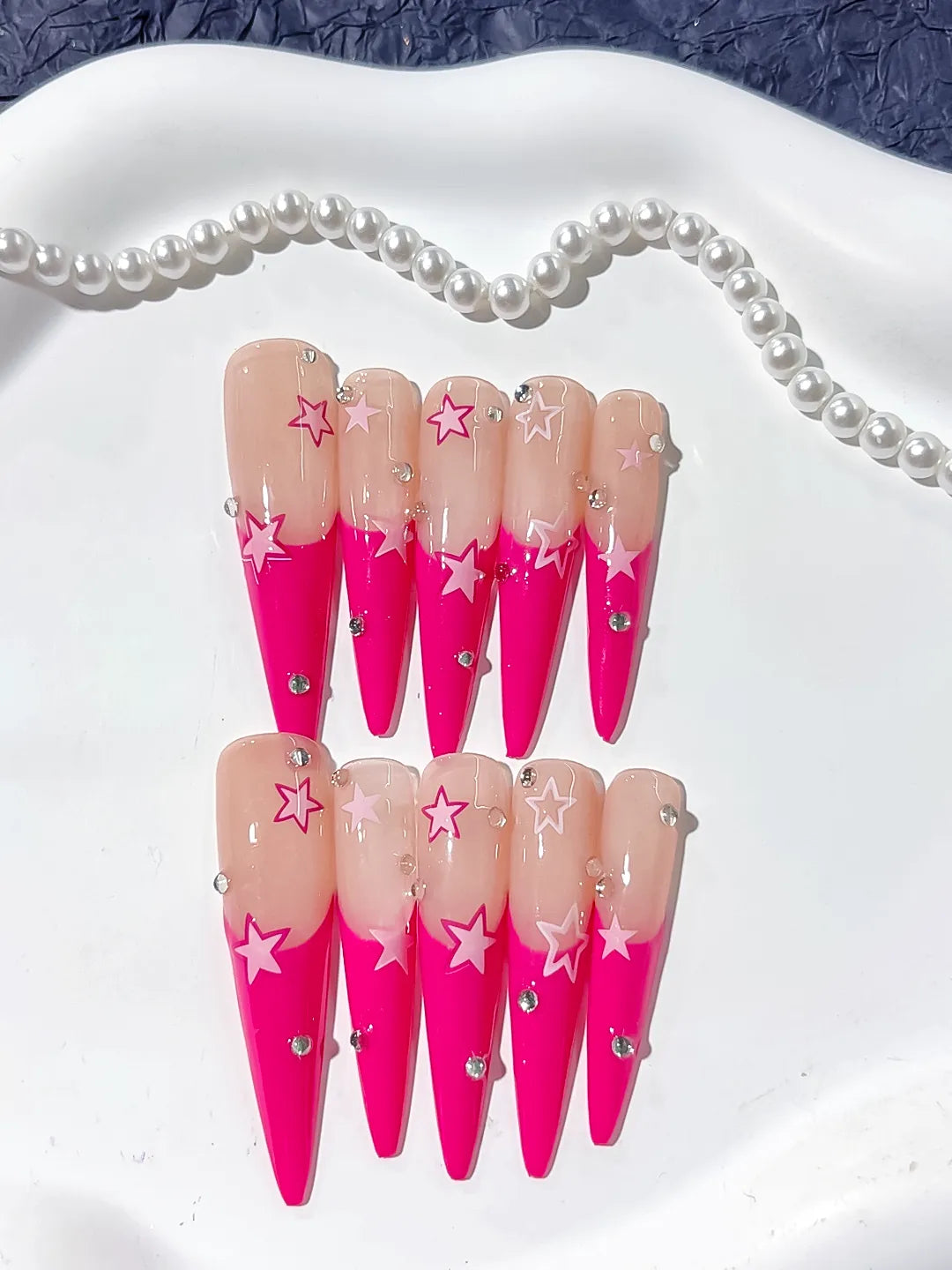 Nude Pink Silver French tip Rhinestone press on nails detail view