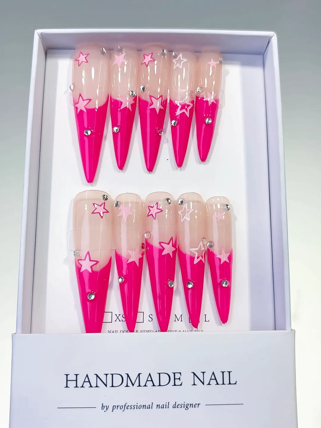 Nude Pink Silver French tip Rhinestone press on nails full set view