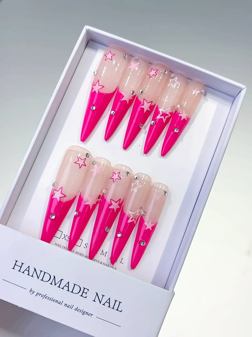 Nude Pink Silver French tip Rhinestone press on nails