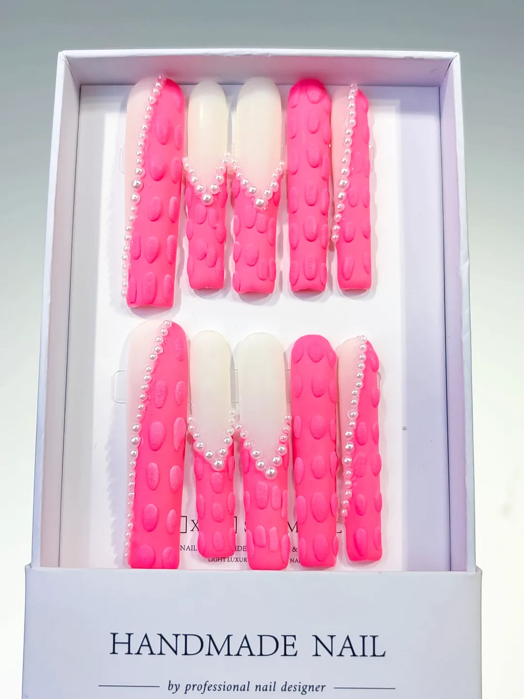 Pink White Silver Solid color Pearl 3D press on nails full set view