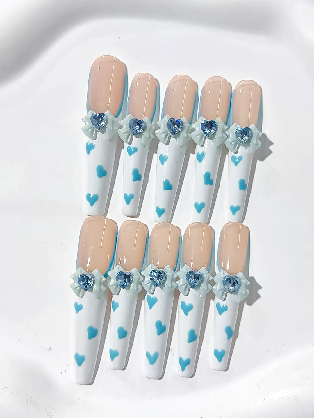 Nude White Blue French tip Bow Flower Heart 3D press on nails close up