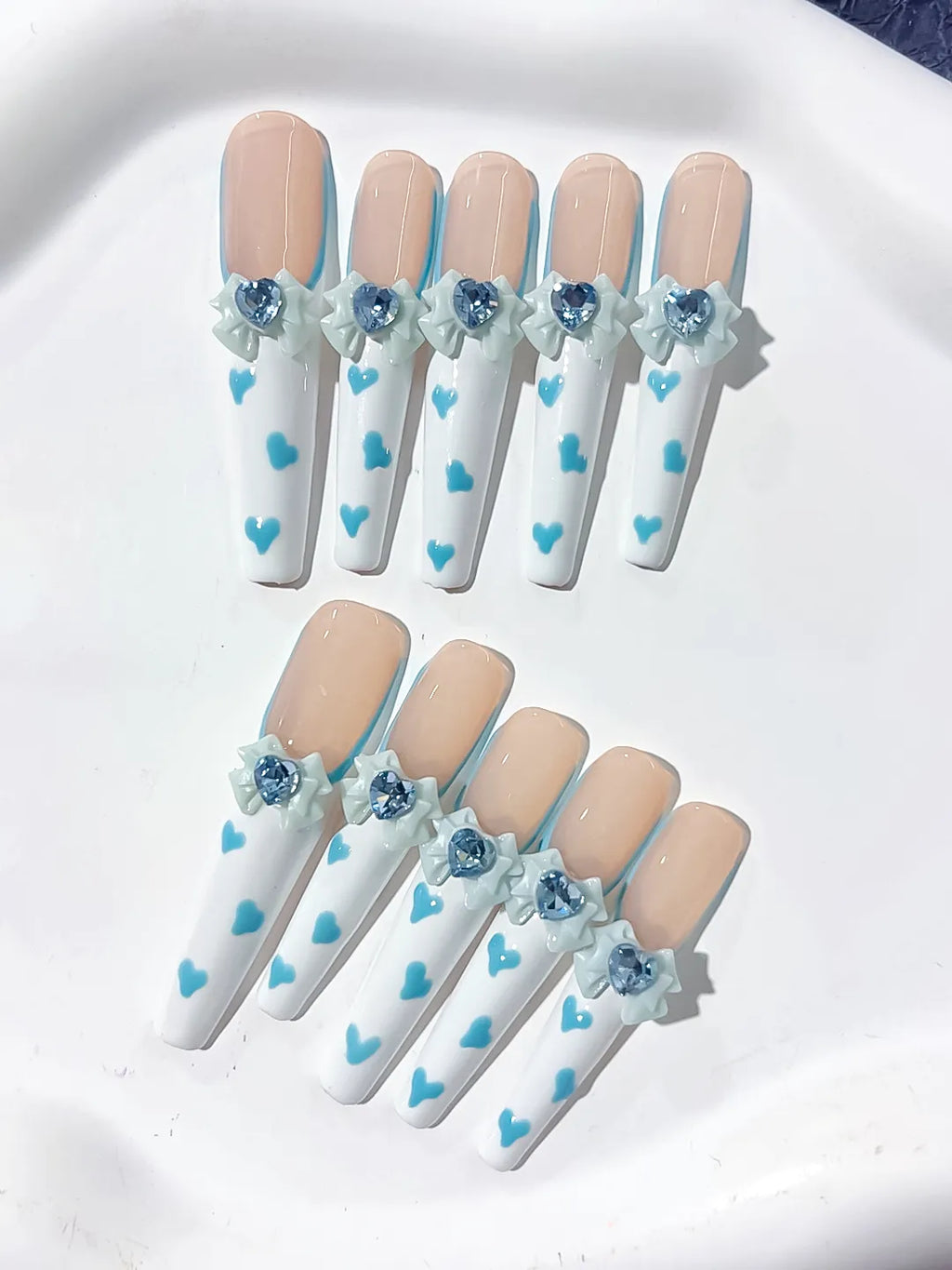 Nude White Blue French tip Bow Flower Heart 3D press on nails detail view