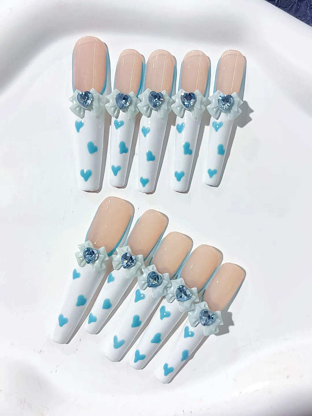 Nude White Blue French tip Bow Flower Heart 3D press on nails detail view