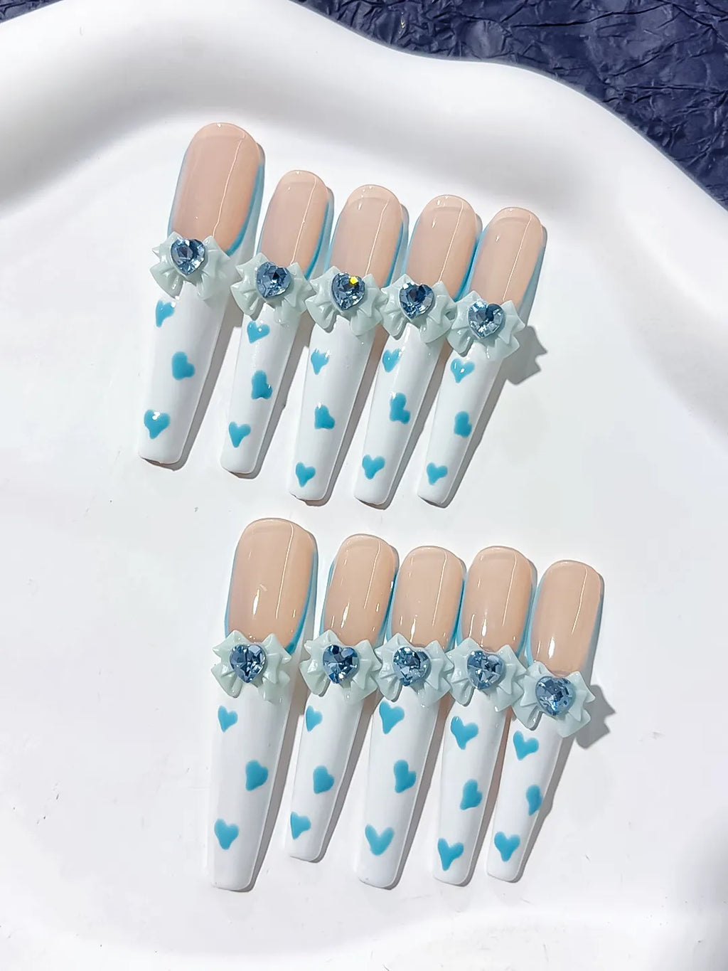 Nude White Blue French tip Bow Flower Heart 3D press on nails detail view