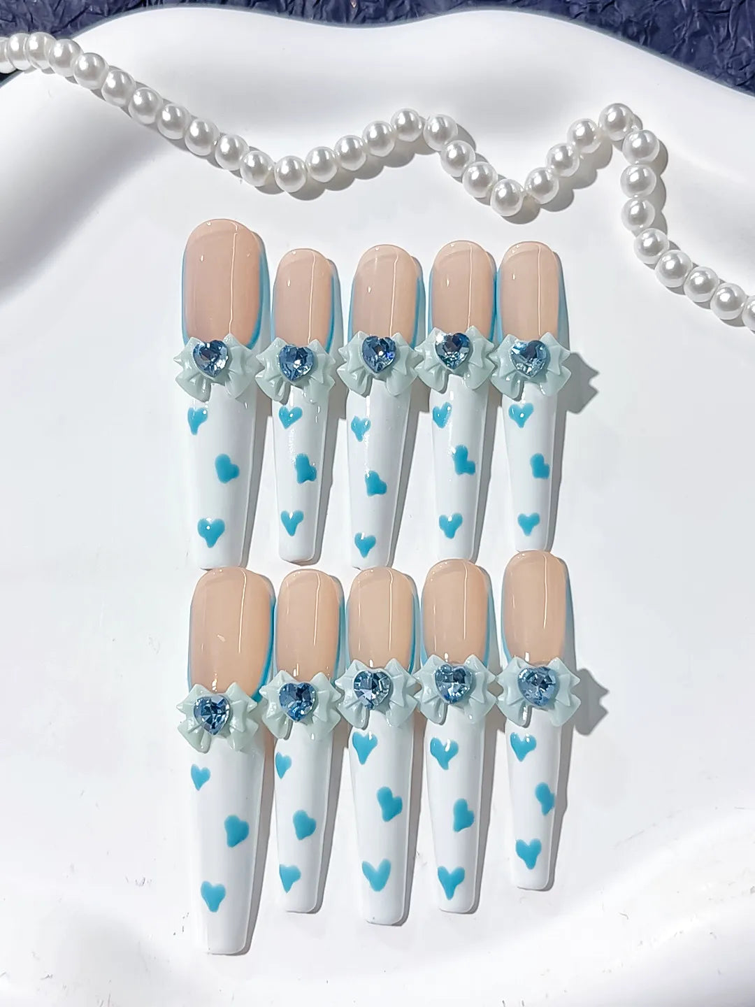 Nude White Blue French tip Bow Flower Heart 3D press on nails detail view