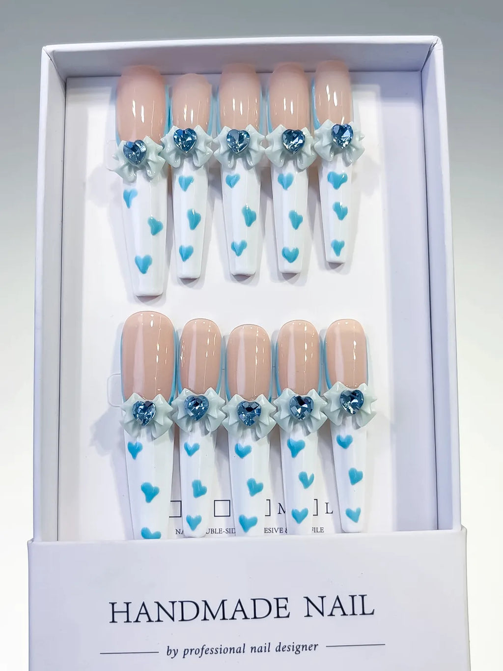Nude White Blue French tip Bow Flower Heart 3D press on nails full set view