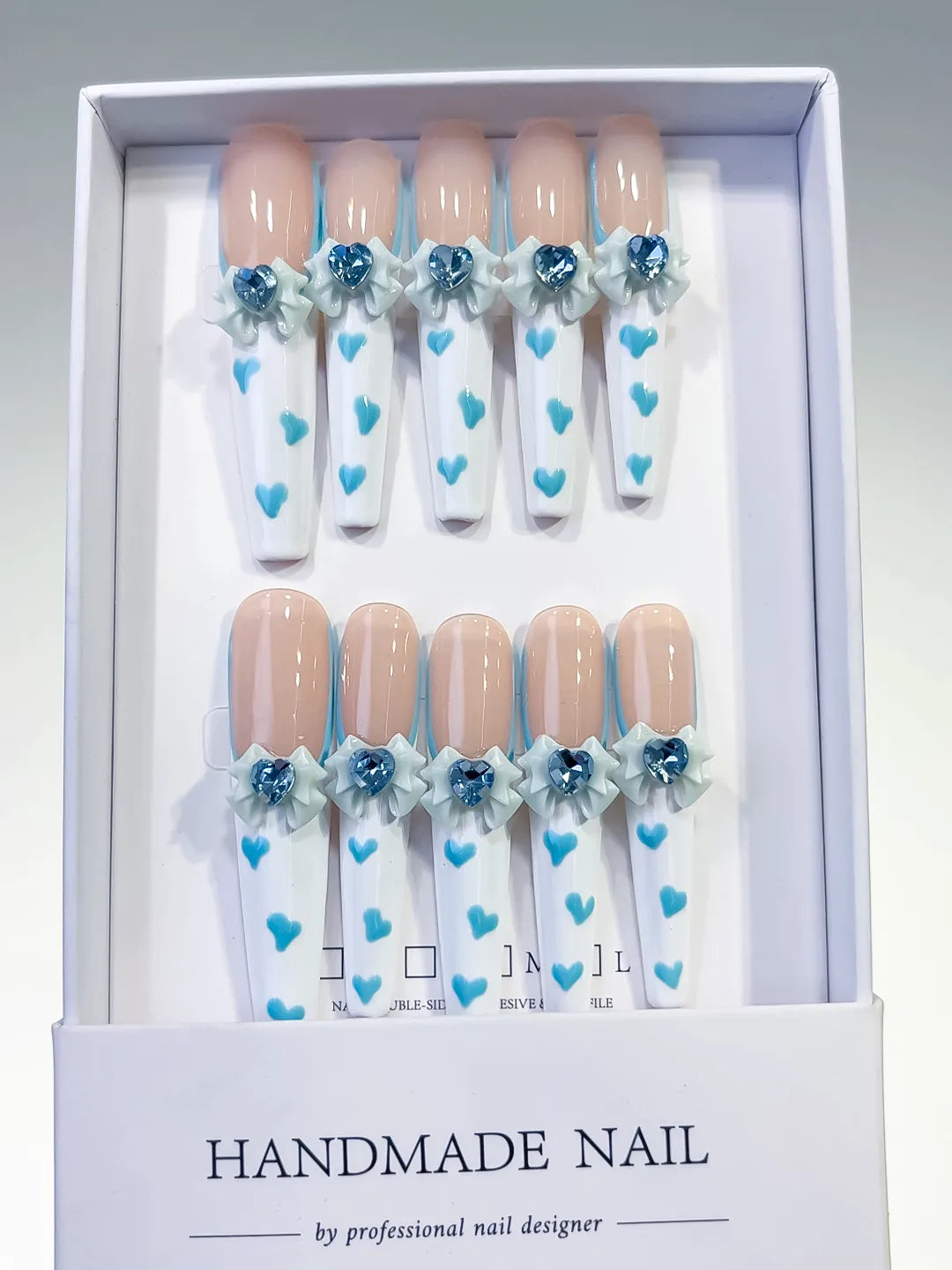 Nude White Blue French tip Bow Flower Heart 3D press on nails full set view