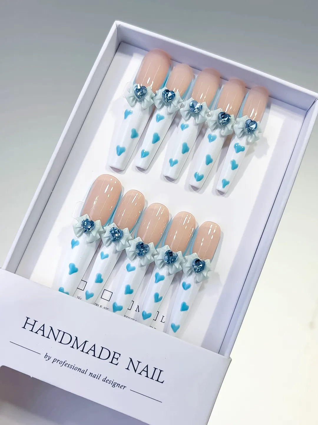 Nude White Blue French tip Bow Flower Heart 3D press on nails