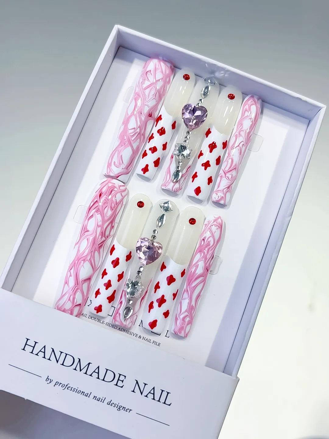 White Pink Red Silver Purple Abstract Heart Rhinestone Chain press on nails