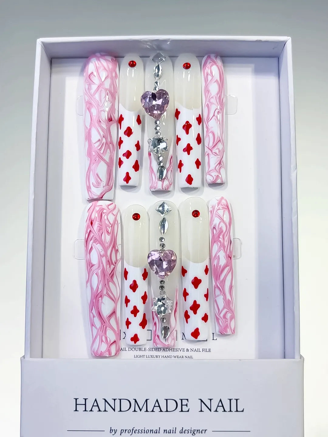 White Pink Red Silver Purple Abstract Heart Rhinestone Chain press on nails full set view