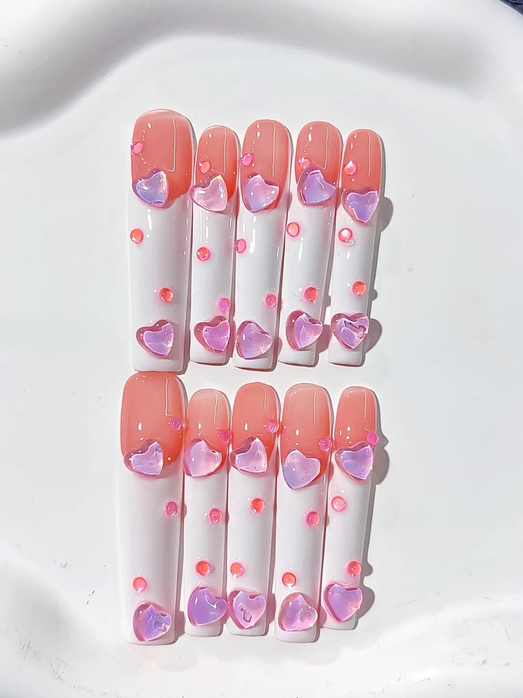 Pink White Multicolor French tip Heart 3D press on nails close up