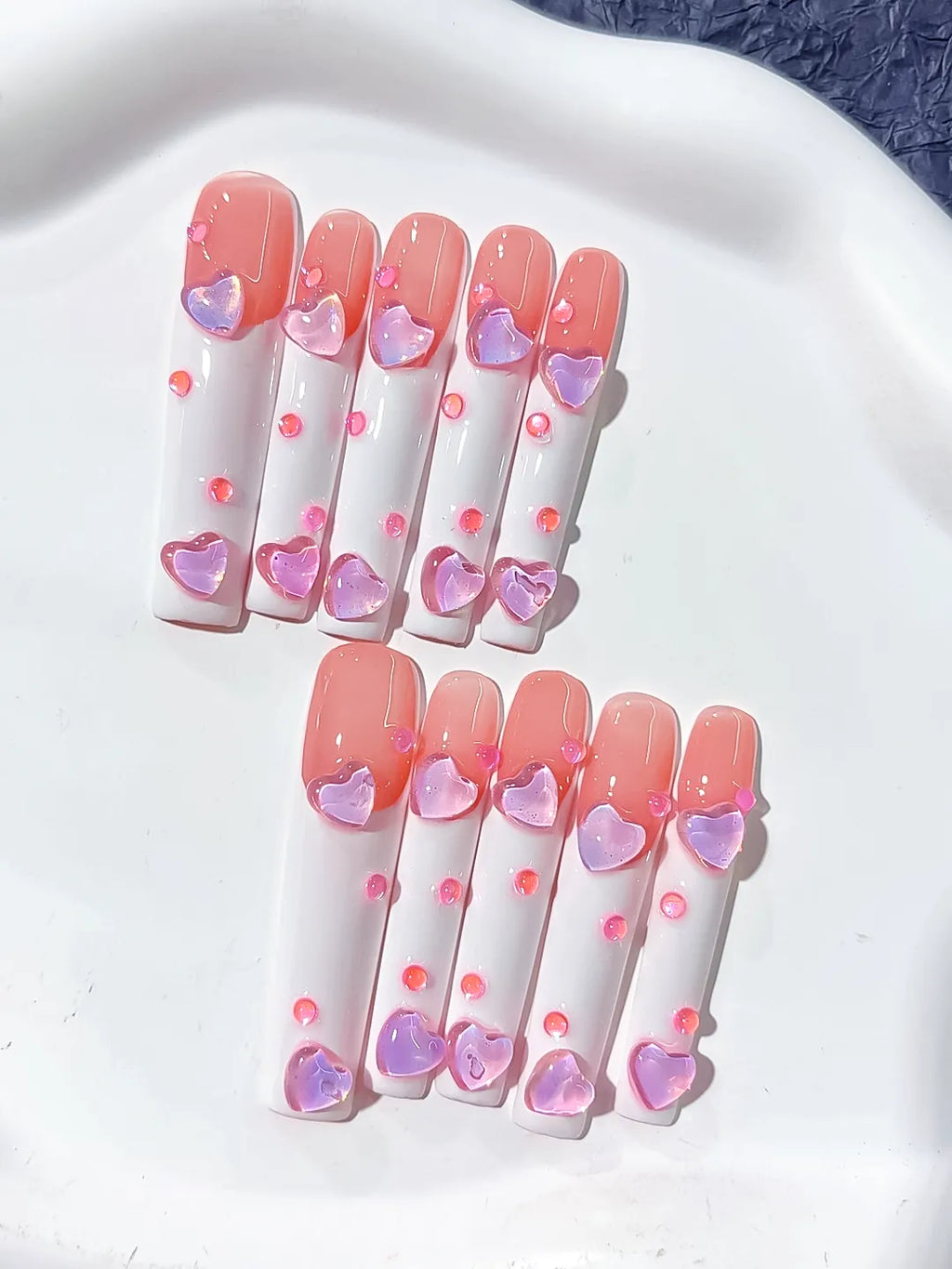 Pink White Multicolor French tip Heart 3D press on nails detail view