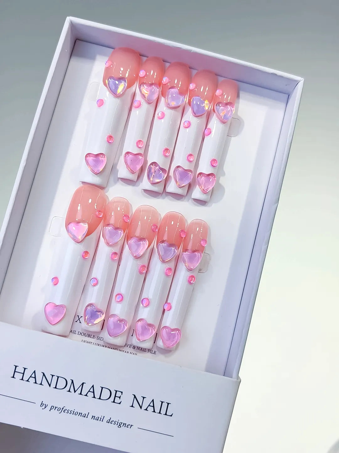 Pink White Multicolor French tip Heart 3D press on nails