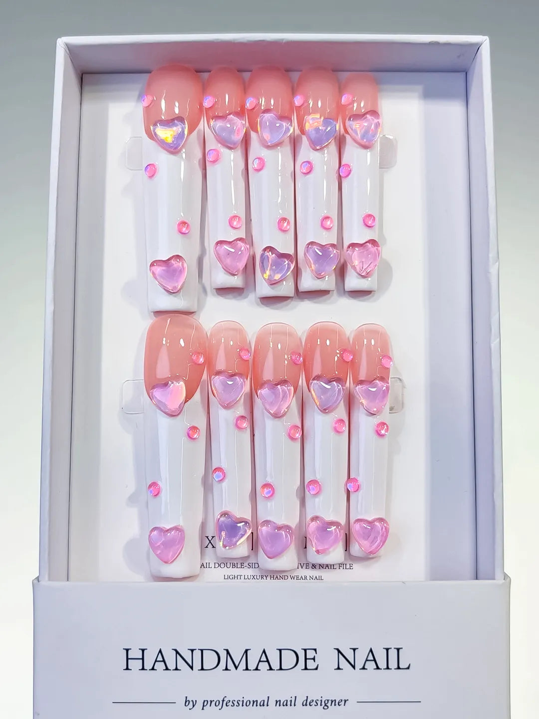 Pink White Multicolor French tip Heart 3D press on nails full set view
