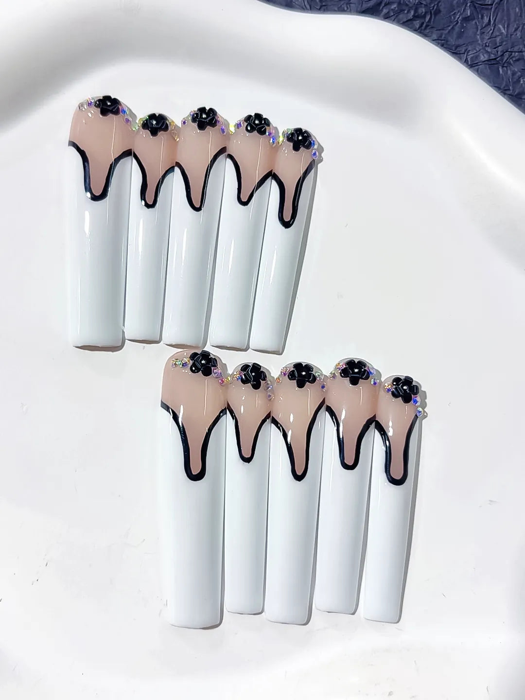 Nude White Black French tip Flower Rhinestone 3D press on nails close up