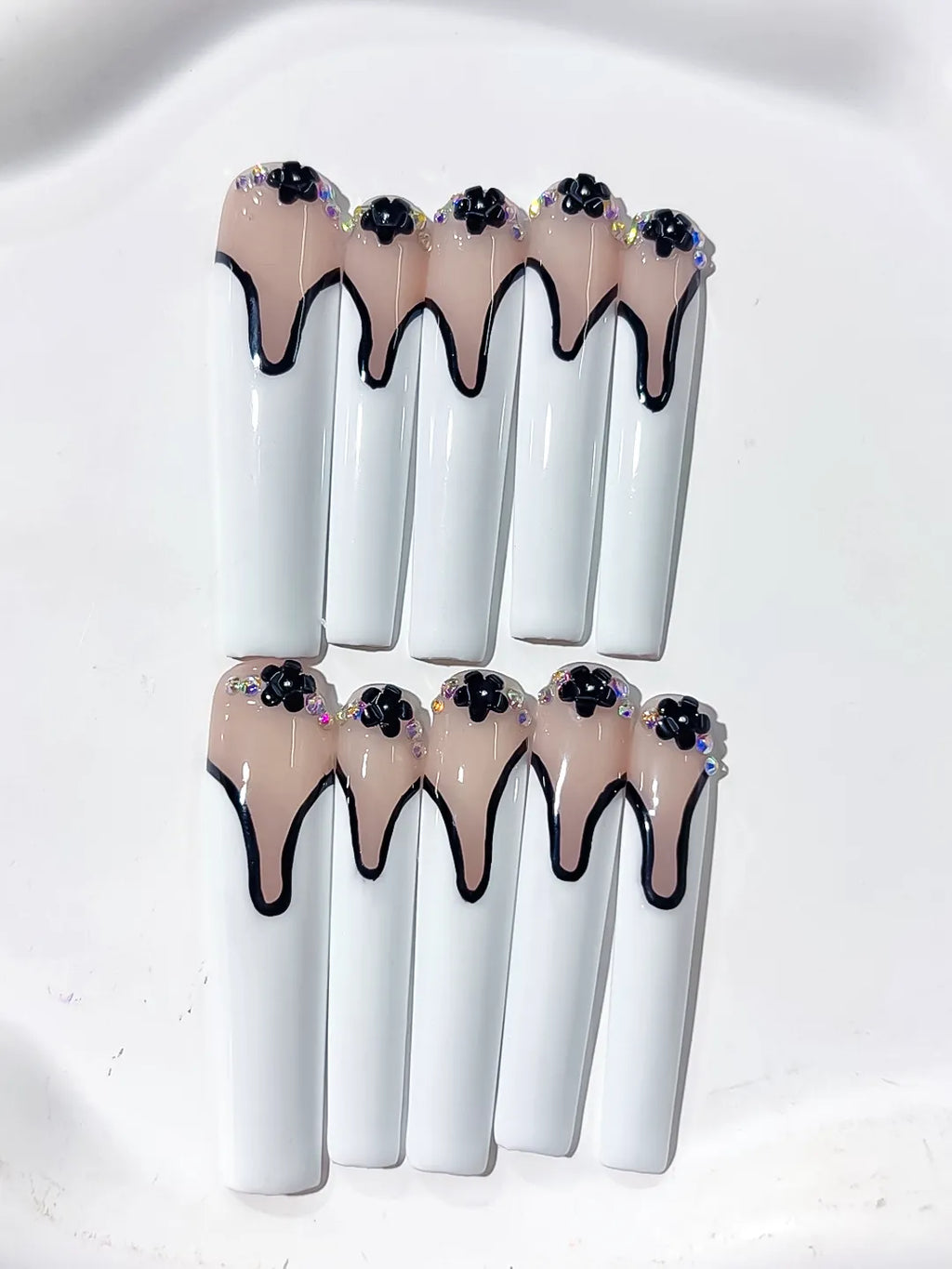 Nude White Black French tip Flower Rhinestone 3D press on nails detail view