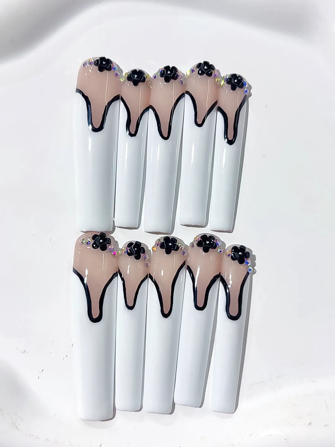 Nude White Black French tip Flower Rhinestone 3D press on nails detail view