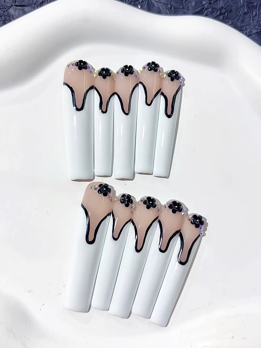 Nude White Black French tip Flower Rhinestone 3D press on nails detail view