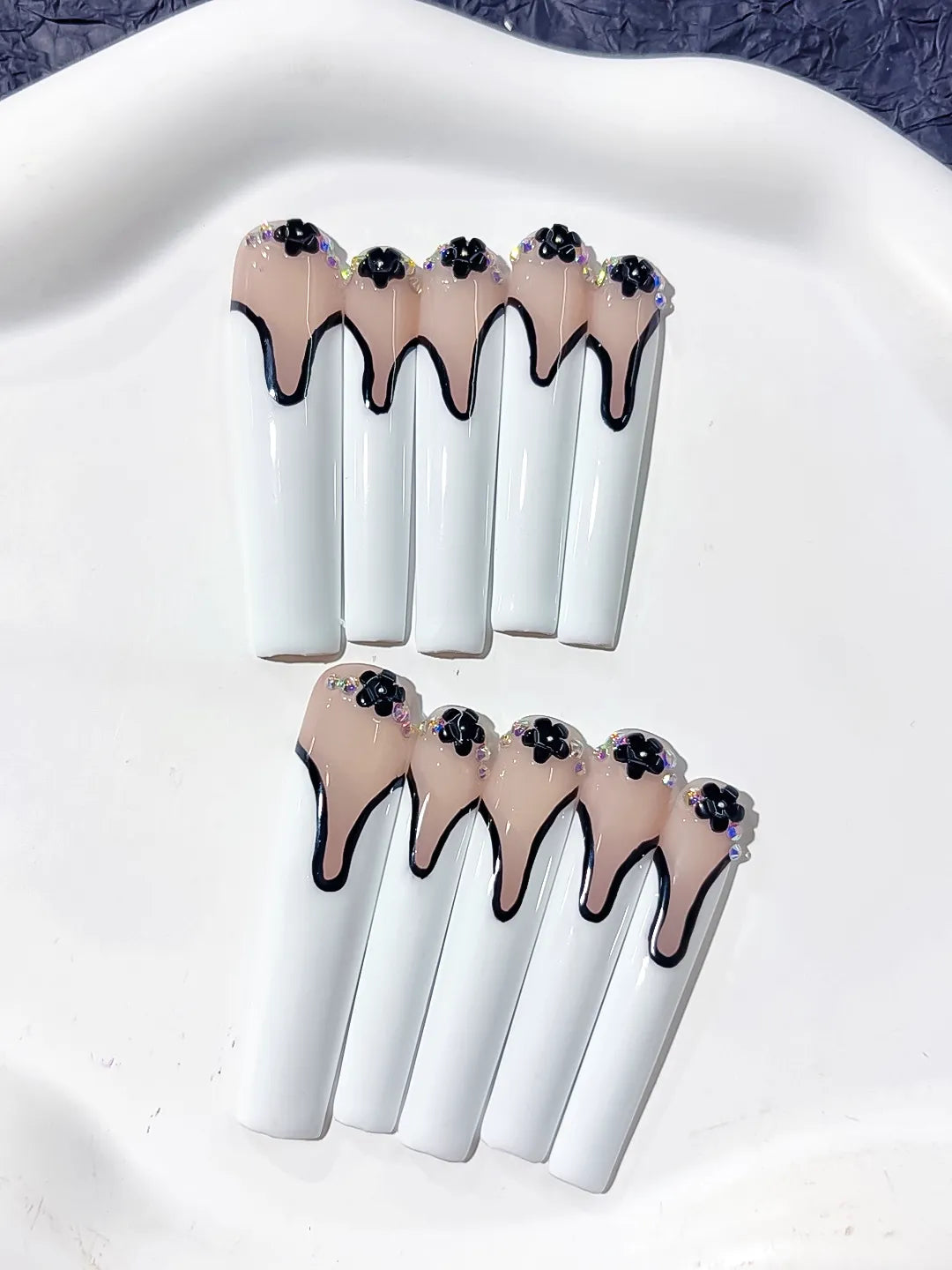Nude White Black French tip Flower Rhinestone 3D press on nails detail view
