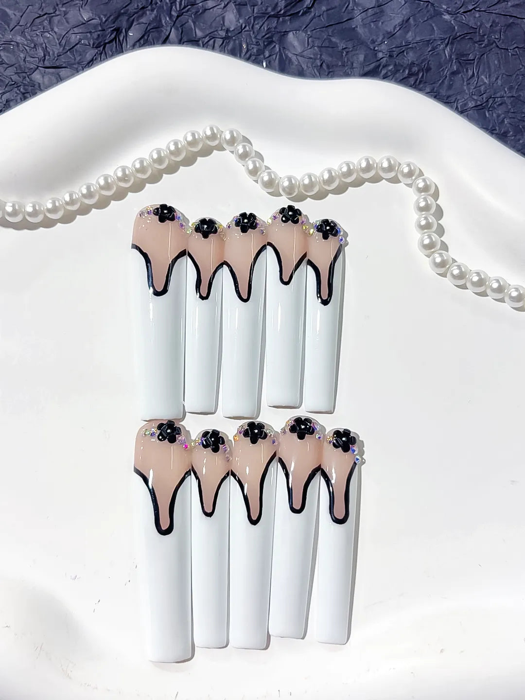 Nude White Black French tip Flower Rhinestone 3D press on nails detail view