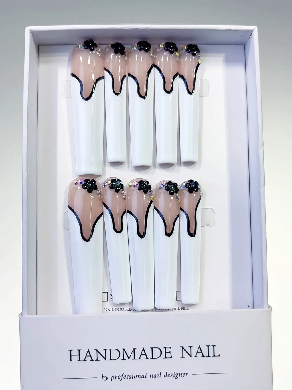 Nude White Black French tip Flower Rhinestone 3D press on nails full set view