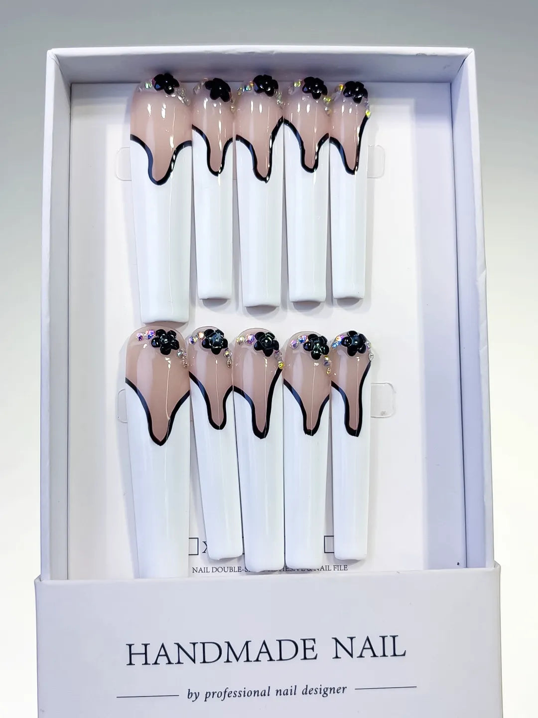 Nude White Black French tip Flower Rhinestone 3D press on nails full set view