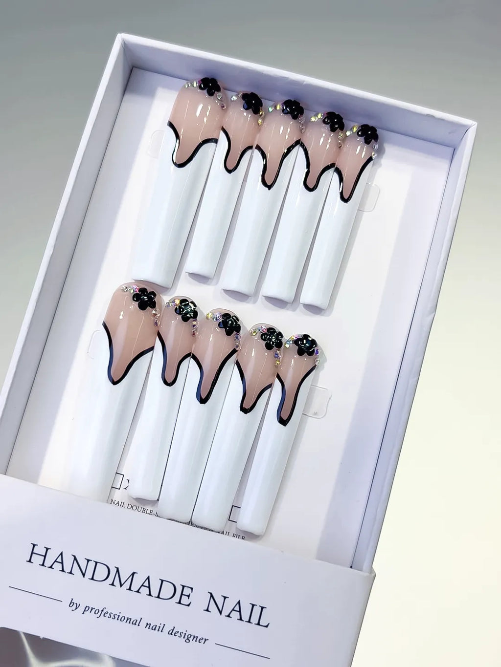 Nude White Black French tip Flower Rhinestone 3D press on nails
