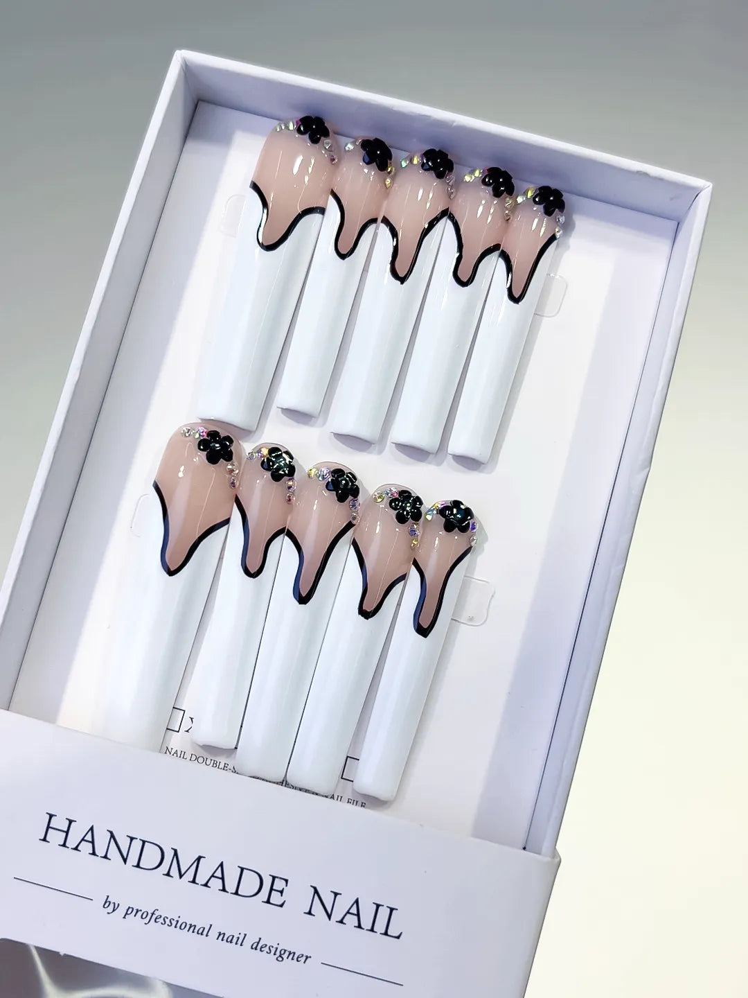 Nude White Black French tip Flower Rhinestone 3D press on nails