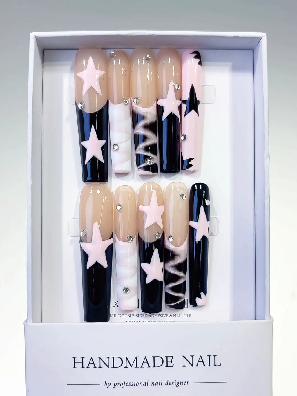 Nude White Pink Black Abstract Star Rhinestone 3D press on nails full set view