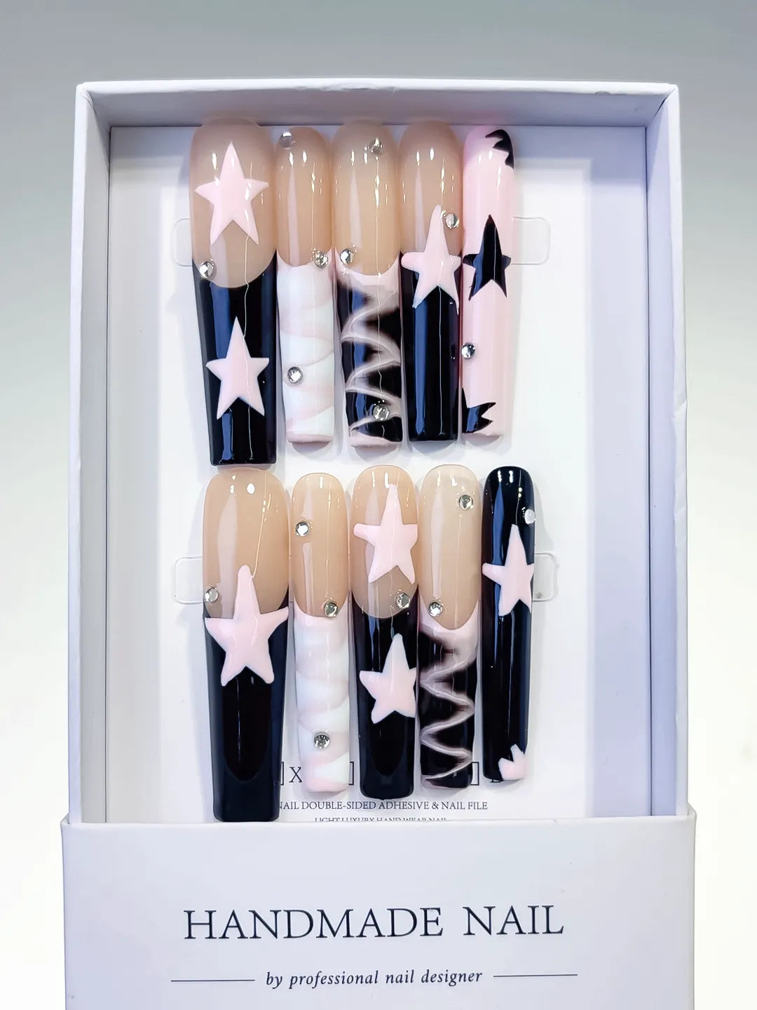 Nude White Pink Black Abstract Star Rhinestone 3D press on nails full set view