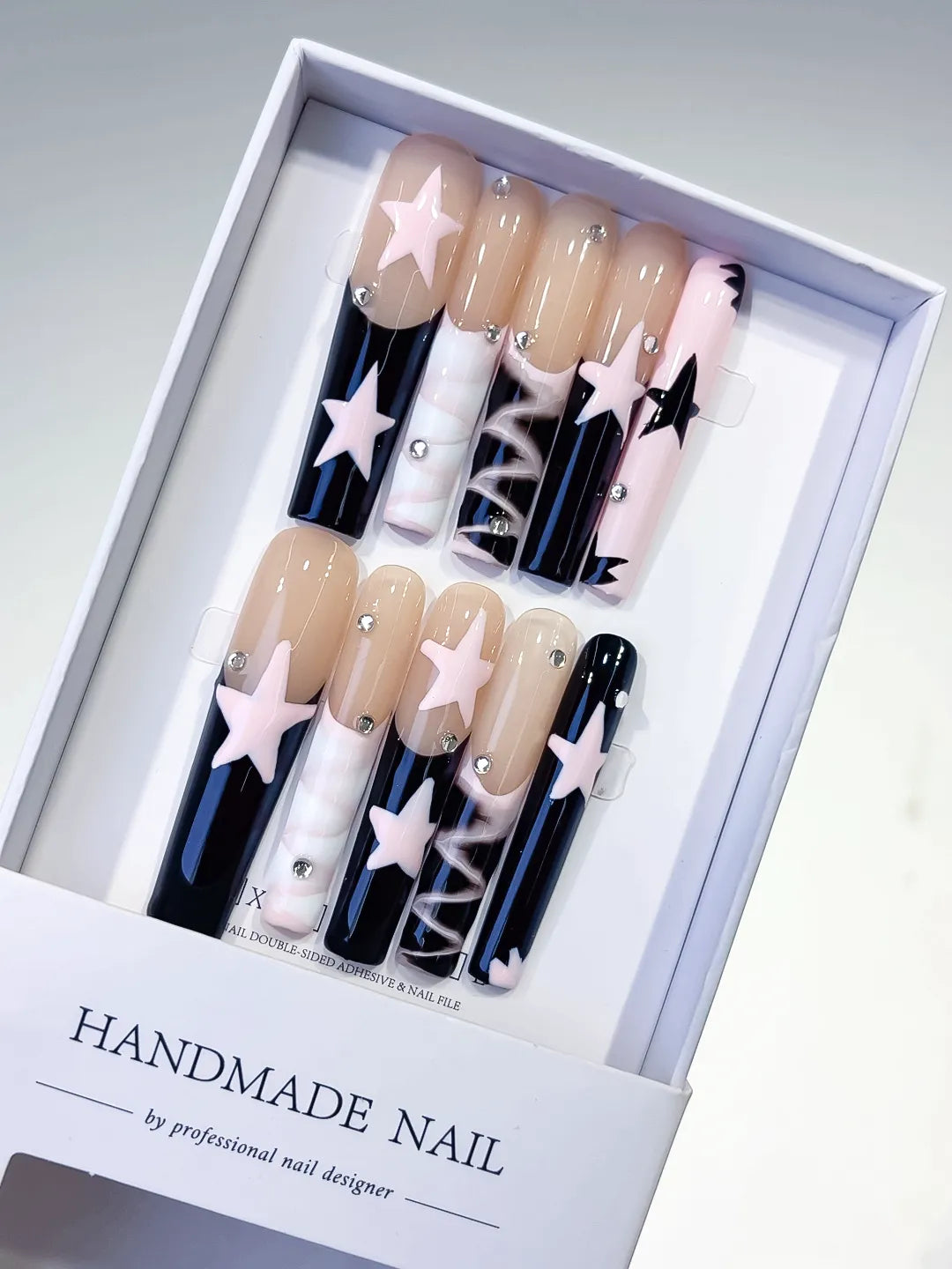 Nude White Pink Black Abstract Star Rhinestone 3D press on nails