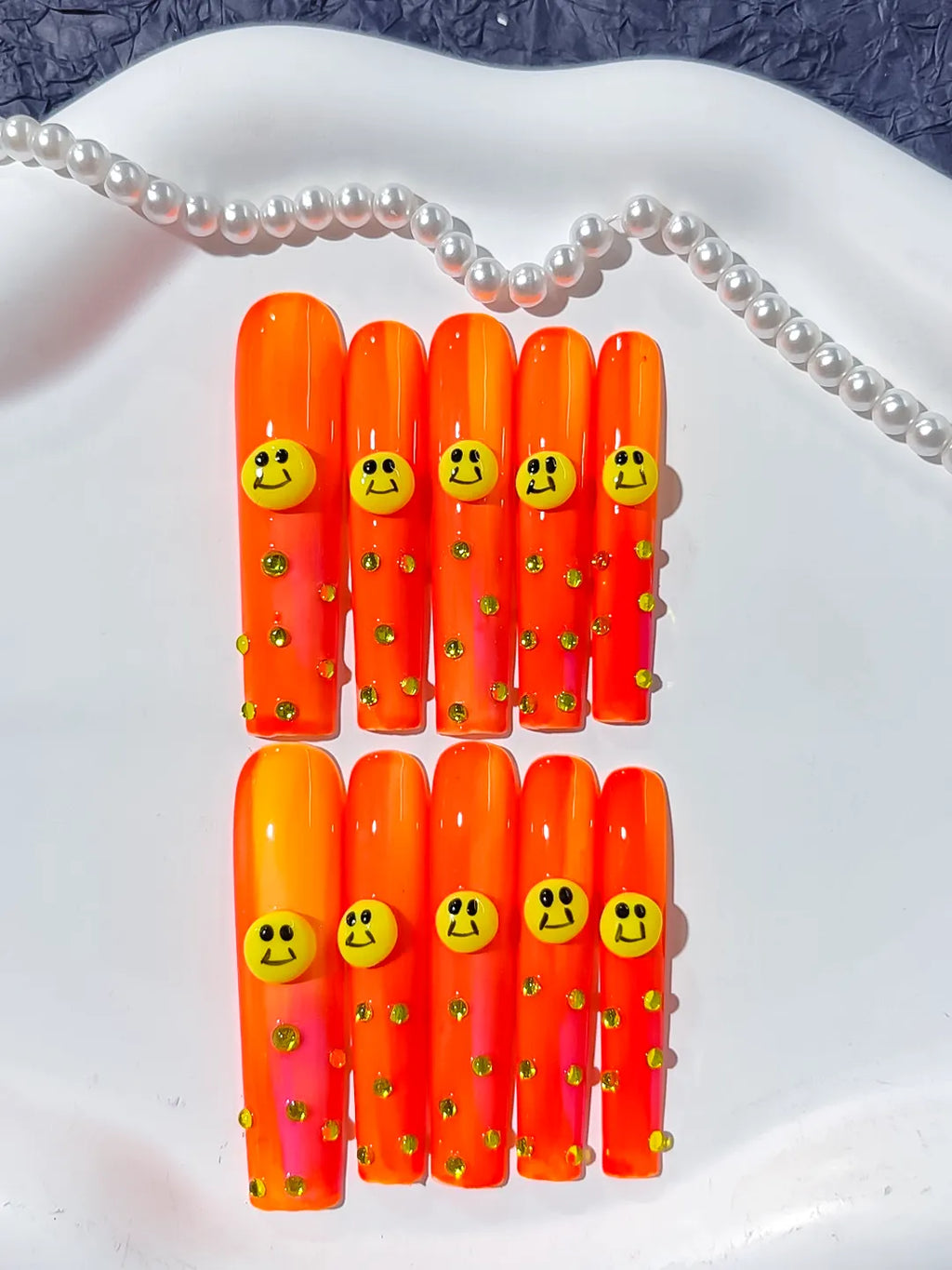Orange Pink Yellow Ombre Smiley Rhinestone 3D press on nails detail view