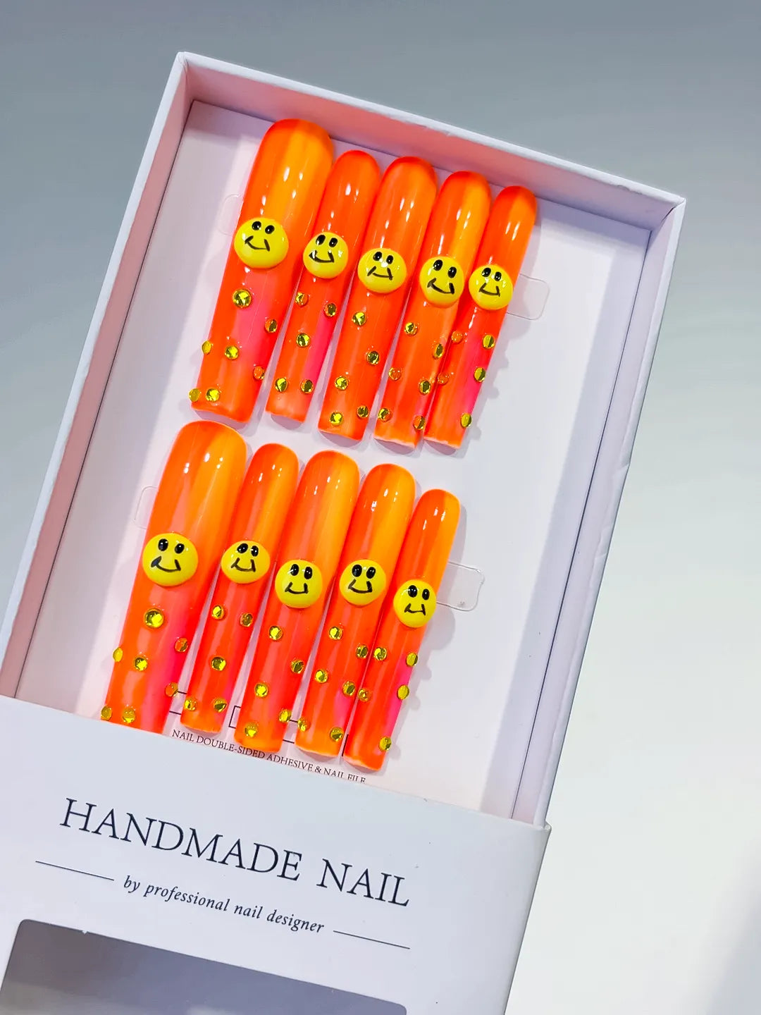 Orange Pink Yellow Ombre Smiley Rhinestone 3D press on nails