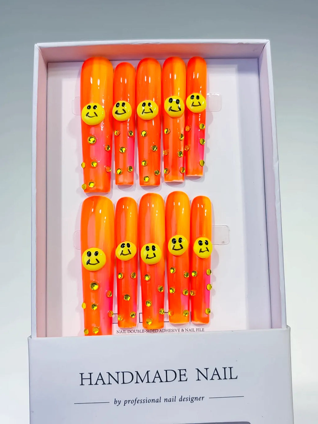 Orange Pink Yellow Ombre Smiley Rhinestone 3D press on nails full set view