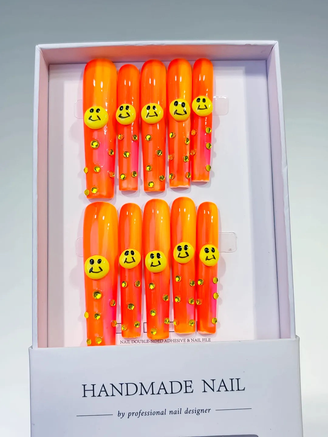 Orange Pink Yellow Ombre Smiley Rhinestone 3D press on nails full set view