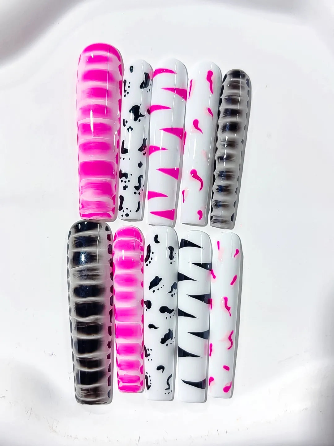 Pink White Black Abstract Stripe press on nails close up